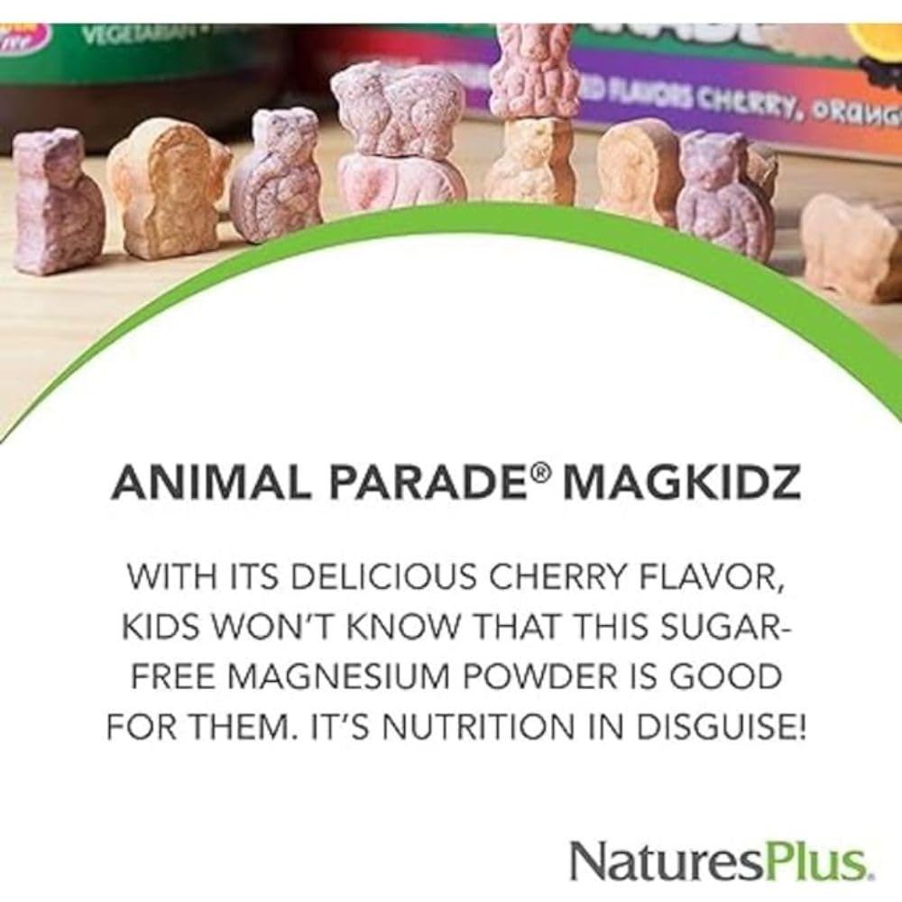 NaturesPlus Animal Parade MagKidz, Cherry Flavor - 0.38 lb - Children's Magnesium Powder Supplement - Bone & Muscle Health Support - Gluten Free, Sugar Free - 45 Servings