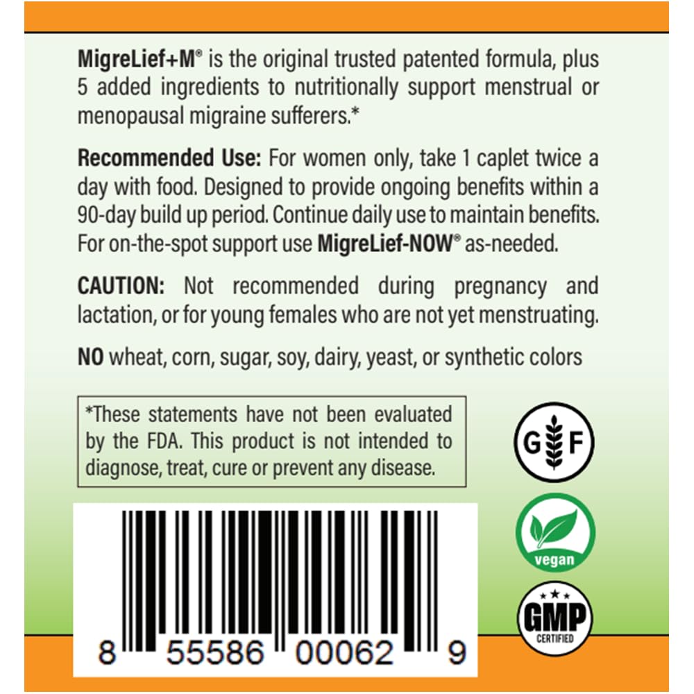 MigreLief+M – Advanced Nutritional Support Supplement for Women’s Neurological Health and Head Comfort – 60 Caplets (1-Month Supply)