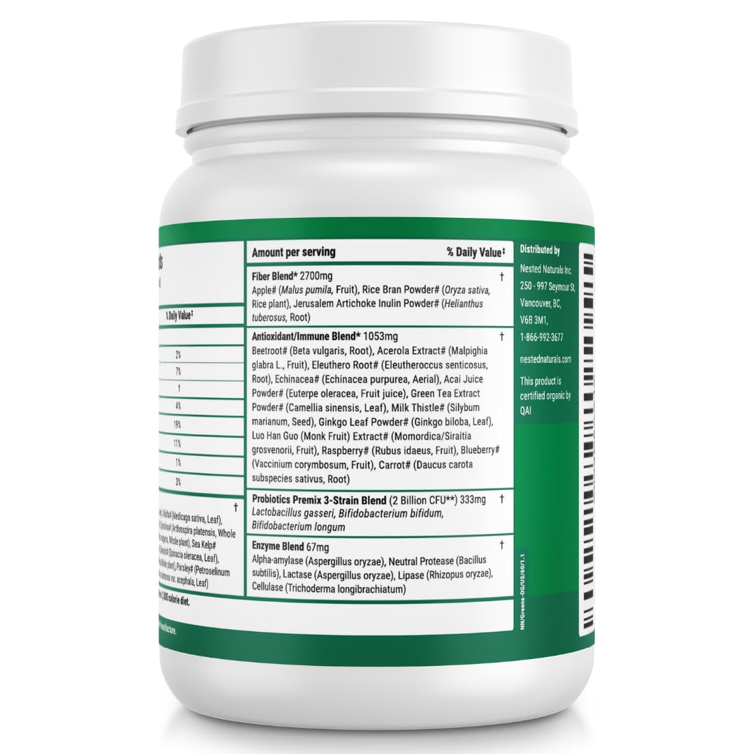 Nested Naturals Super Greens Daily Superfood Powder - Certified USDA Organic Green Powder w/20+ Whole Foods, Spirulina Powder, Wheat & Barley Grass - Probiotics, Fiber & Enzymes - Original Flavor, 60