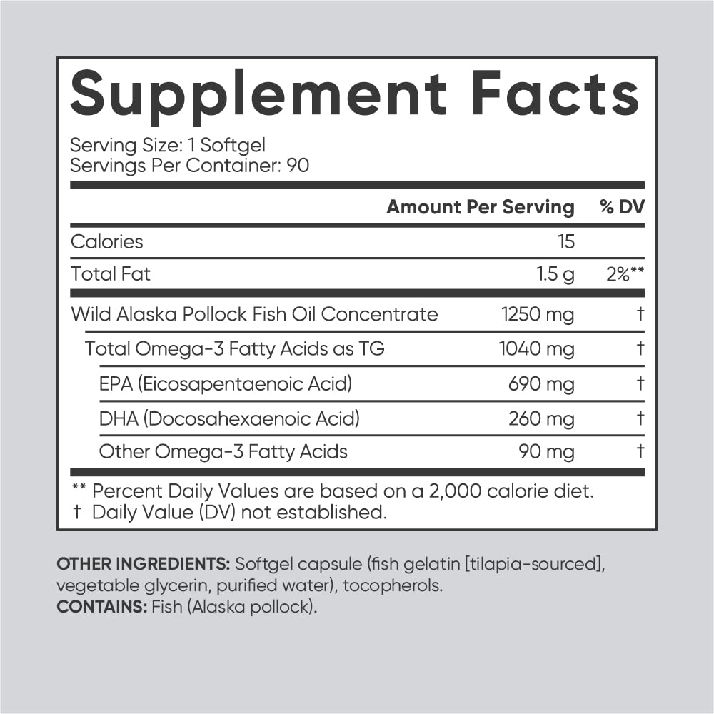 Sports Research 1250 mg Omega 3 Burpless Fish Oil from Single-Source Wild Alaskan Pollock, CoQ10 (200mg) Enhanced w/Coconut MCT Oil for Better Absorption and 5000iu Vitamin D with 100mcg Mk7 Vitamin K