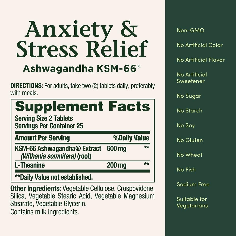 Nature's Bounty Stress Relief Ashwagandha KSM 66 Tablets, Mood Support, 50 Count
