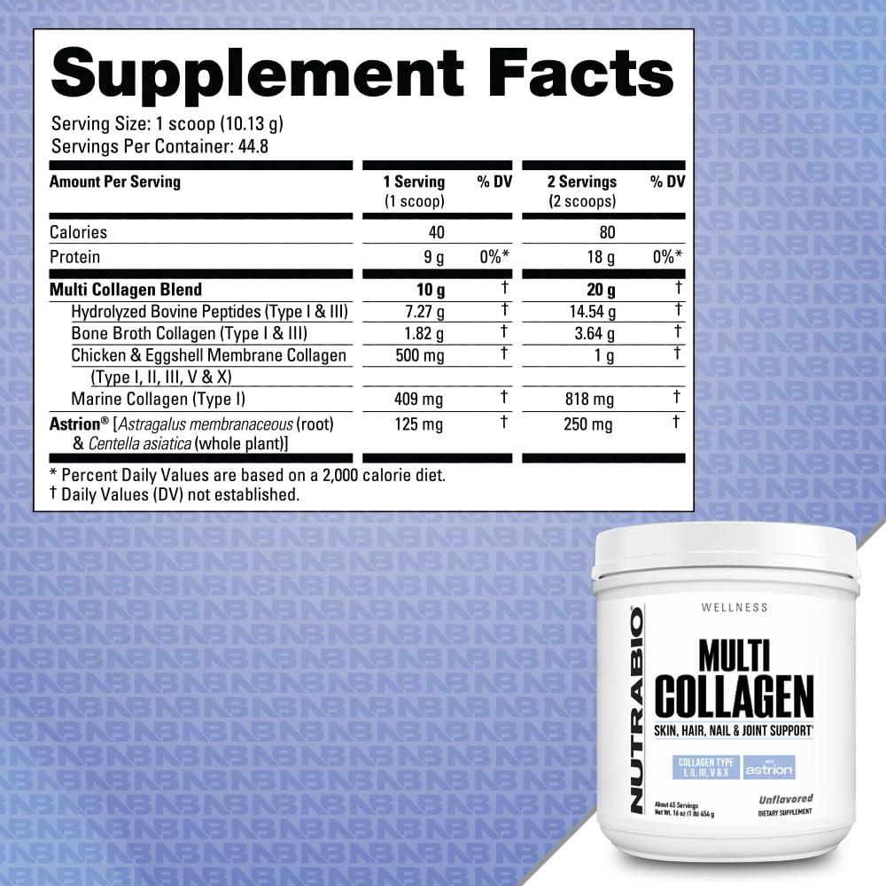 NutraBio Multi Collagen Powder- Hydrolyzed Collagen Peptides for Glowing Hair & Skin- Grass-Fed- Collagen Powder for Women and Men- 45 Servings