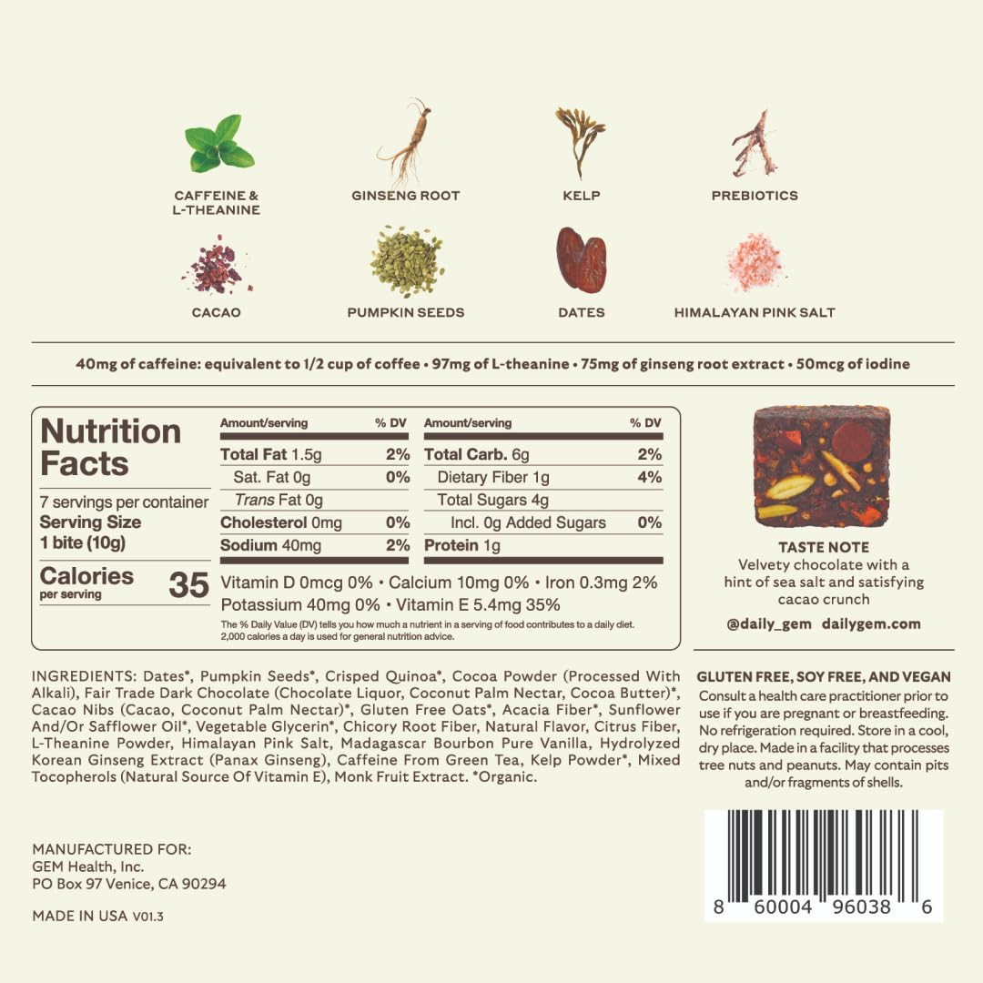 GEM Energy Aid Caffeinated Bite | Holistic Sustained Energy | Supports Metabolism & Endurance | 40mg Caffeine, Ginseng Root, L-Theanine | Chocolate Cacao Sea Salt | 7 Servings