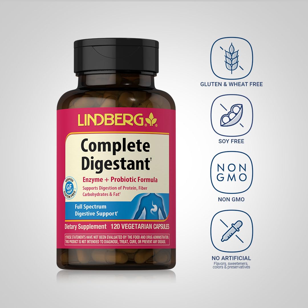 Lindberg Complete Digestant Multi-Enzyme Formula with Pancreatin and Betain Hydrochloride, 120 Capsules