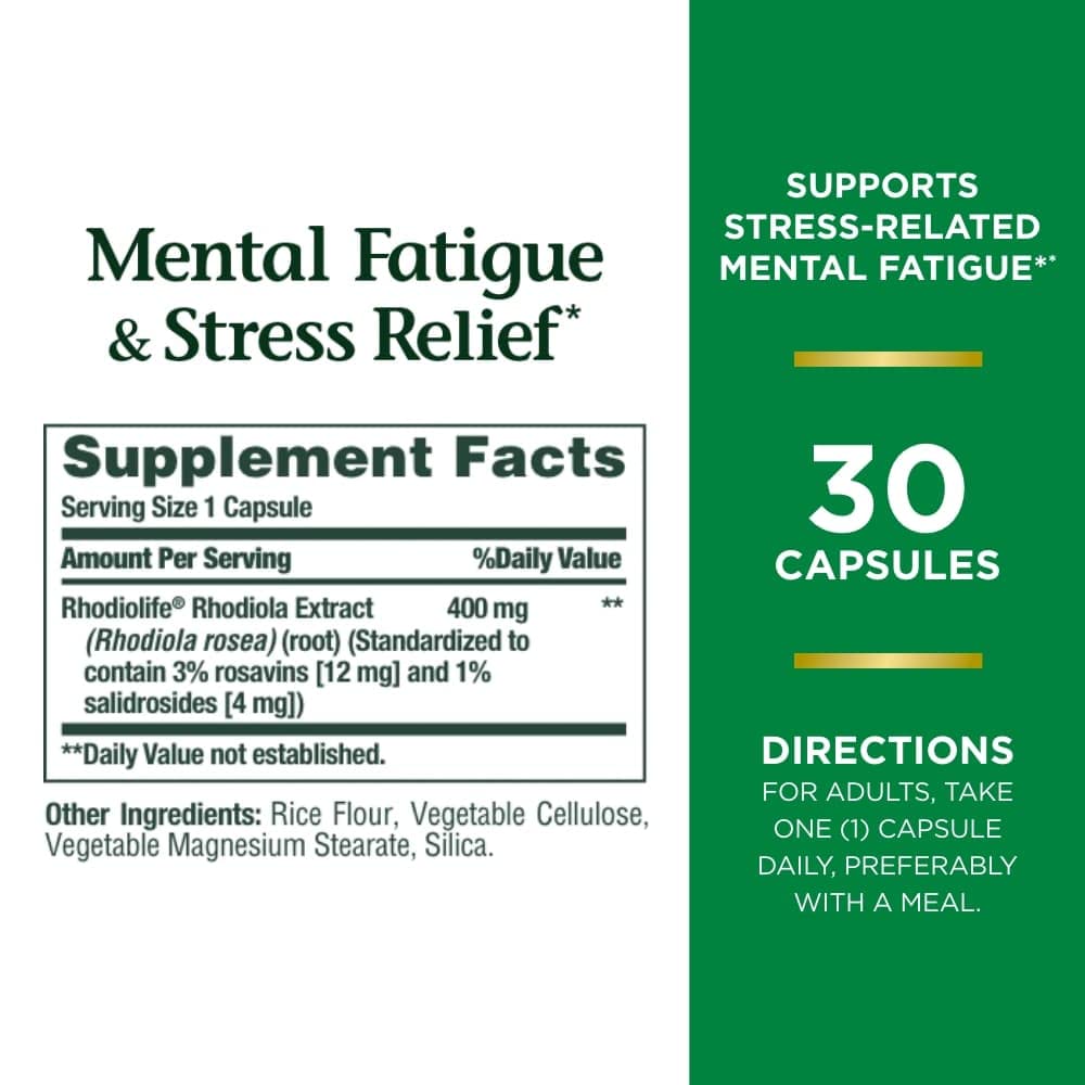 Nature's Bounty Mental Fatigue and Stress Relief, Rhodiola Supplement, 400 mg, Capsules, 30 Count
