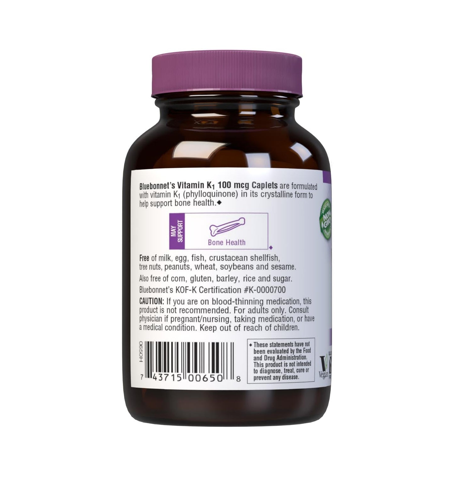 Bluebonnet Vitamin K1 100 mcg Supports Bone Health - Phylloquinone Crystalline Vitamin K Supplement - Non-GMO, Kosher Certified, Gluten-Free, Dairy-Free - 100 Vegan Caplets
