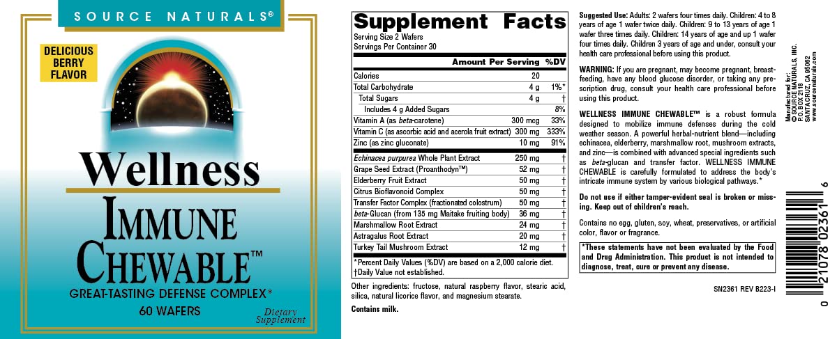 Pre-Order | Arrives in 5–10 Days – Source Naturals Wellness Immune Chewable, Great-Tasting Defense Complex* - 60 Wafers