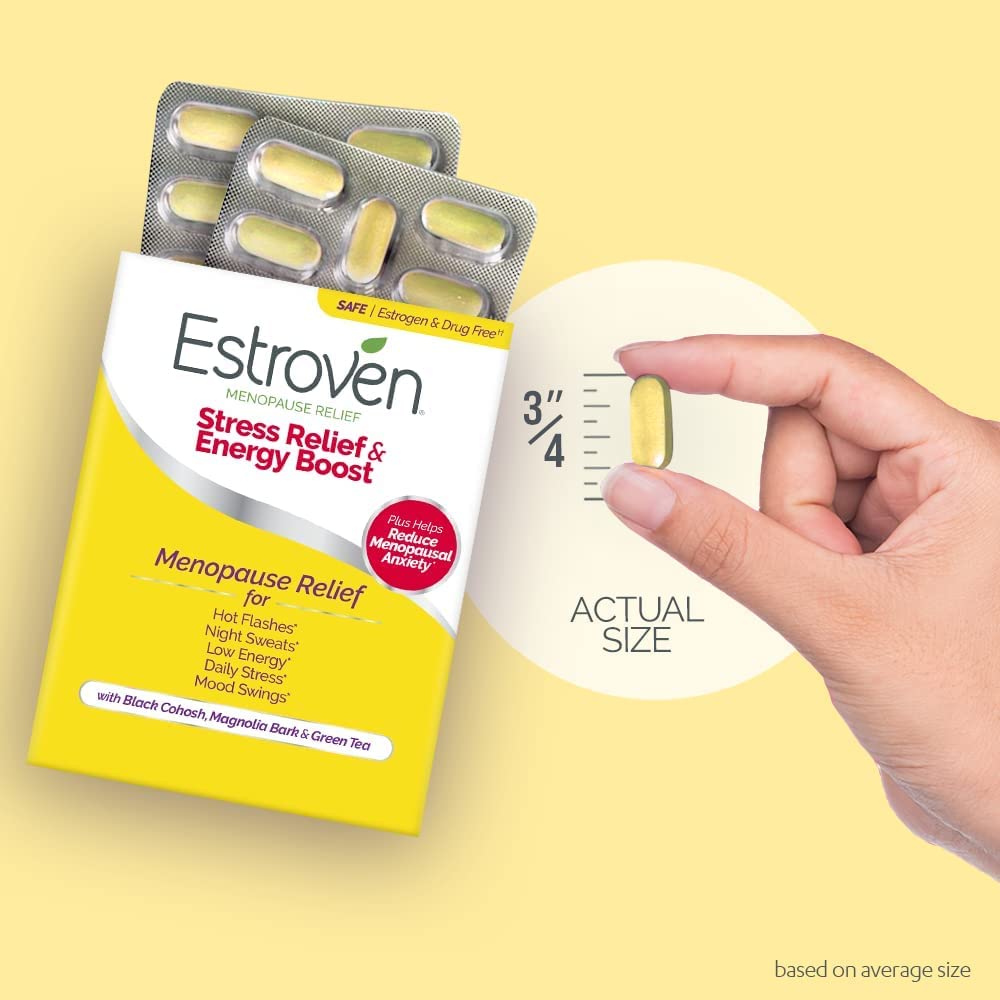 Pre-Order | Arrives in 5–10 Days – Estroven Stress Relief & Energy Boost for Menopause Relief - 28 Ct. - Clinically Proven Ingredients Provide Stress & Energy Support + Night Sweats & Hot Flash Relief - Drug-Free and Gluten-Free
