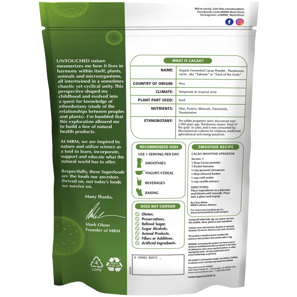 MRM Nutrition Organic Fermented Cacao Powder | Superfood | Antioxidant-rich | Gluten free + vegan | 43 servings