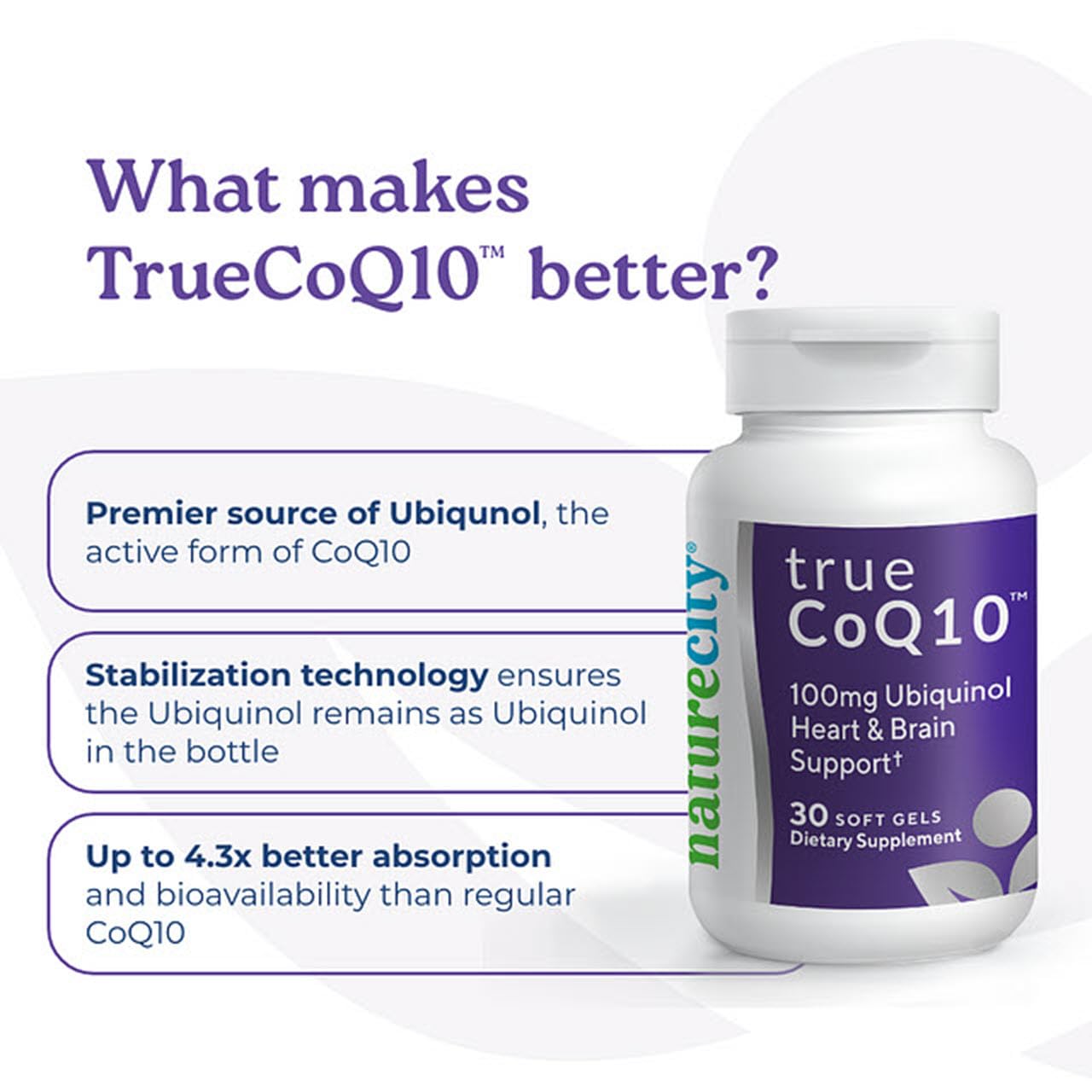 NatureCity True-CoQ10 Ubiquinol 100mg Highly Absorbable and Stablized Kaneka QH CoQ10 Heart, Brain and Cellular Energy Supplement - (30 Soft Gels) Active CoQ10 as Ubiquinol