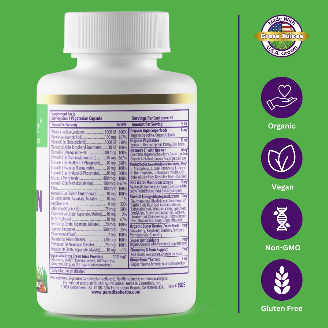 Pre-Order | Arrives in 5–10 Days – Paradise Herbs Earth's Blend Women's One Daily Multivitamin with Iron, 48 Organic Superfoods, Probiotics, Antioxidants, Vitamins A, B12, C, D, K2, Daily Superfood, 30 Capsules