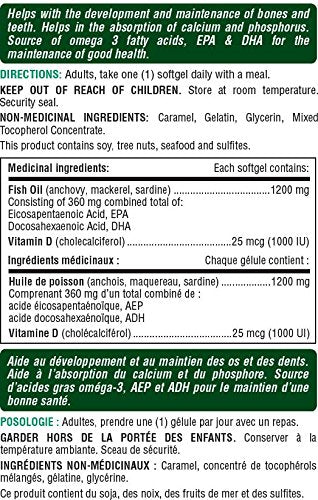Nature's Bounty Omega 3 Fish Oil 1200mg plus Vitamin D3 1000IU Pills, Supplement, Helps in the Development and Maintenance of Bones, 90 Softgels