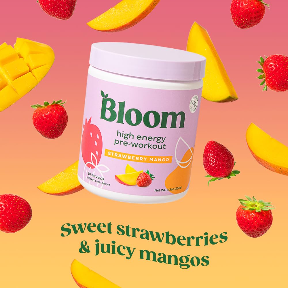 Bloom Nutrition High Energy Pre Workout with Beta Alanine, Ginseng and L Tyrosine for Amino Energy, Natural Caffeine Powder from Green Tea Extract, Keto, Sugar Free Drink Mix, Strawberry Mango