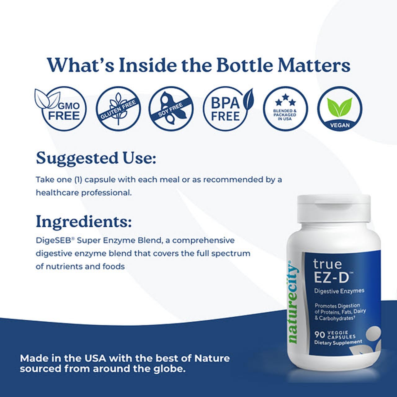 NatureCity True-EZ-D Non-GMO Digestive Enzyme Complex Supplement for Digestive Health and Bloating Relief for Men and Women (90 Veggie Capsules) Super Enzymes