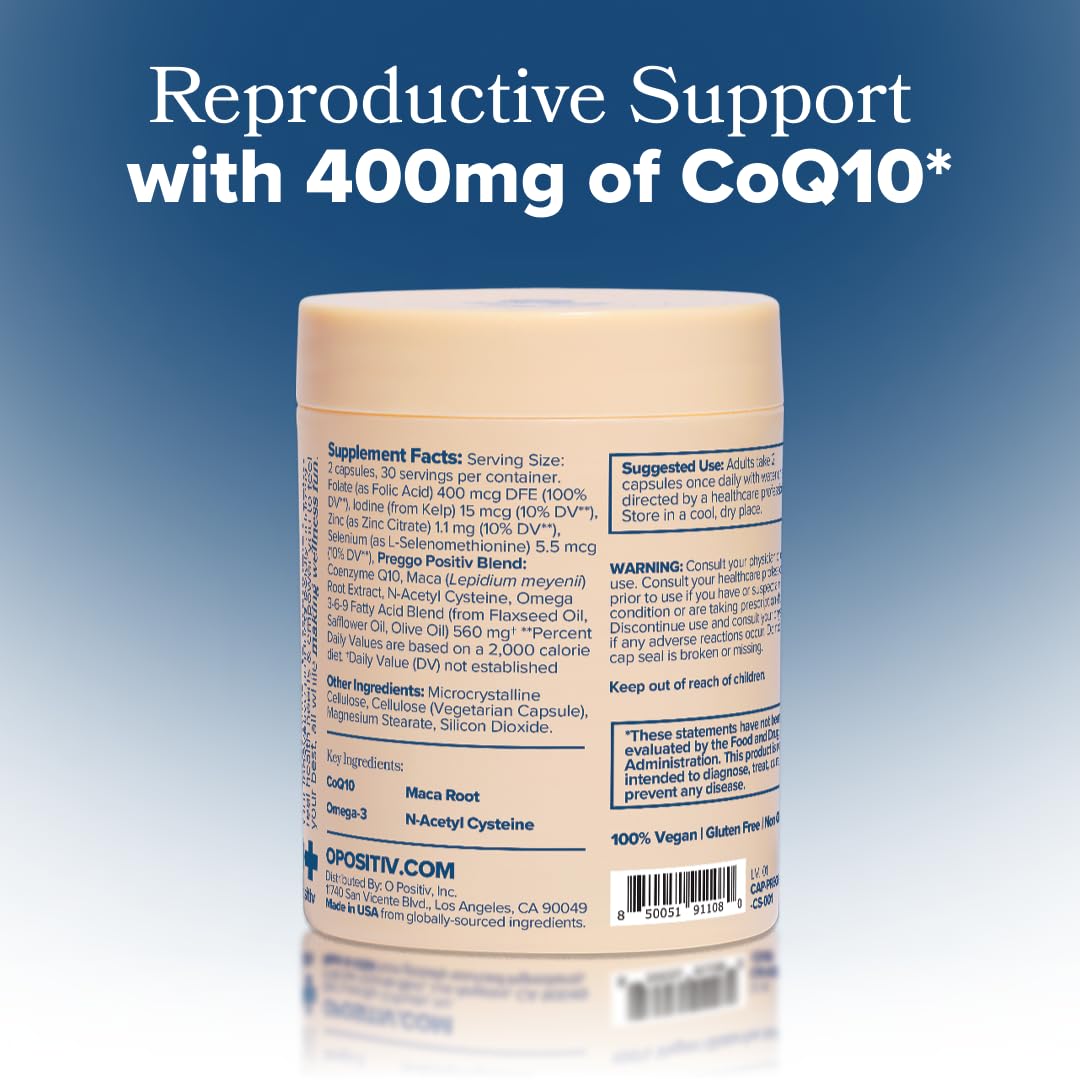 O Positiv Preggo Conception Support Capsules for Women - OBGYN-Formulated Pre Prenatal Vitamins with Clinically-Studied Ingredients - CoQ10, N-Acetyl Cystein - Female Sexual Health, 60 Ct (Pack of 1)