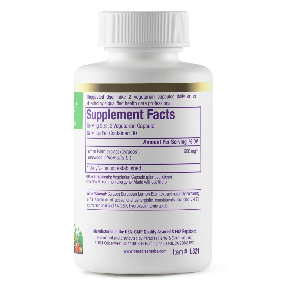 Paradise Herbs Lemon Balm Extract, Super Potent, Ultra Pure, Vegan, Non-GMO, Gluten Free, 60 Vegetarian Capsules