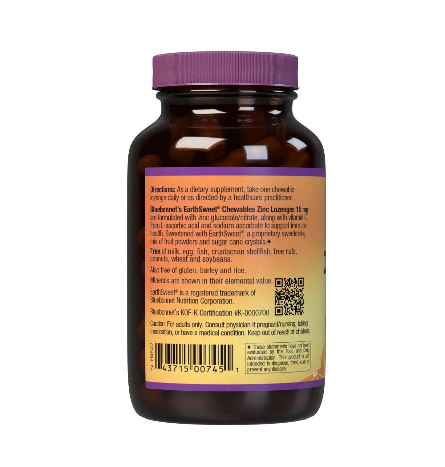 Pre-Order | Arrives in 5–10 Days – Bluebonnet Nutrition Earthsweet Zinc Lozenges 15mg Chewables, Plus 100mg of Vitamin C, Soy-Free, Gluten-Free, Kosher Certified, Dairy-Free, Vegan, Orange Flavored, 60 Lozenges