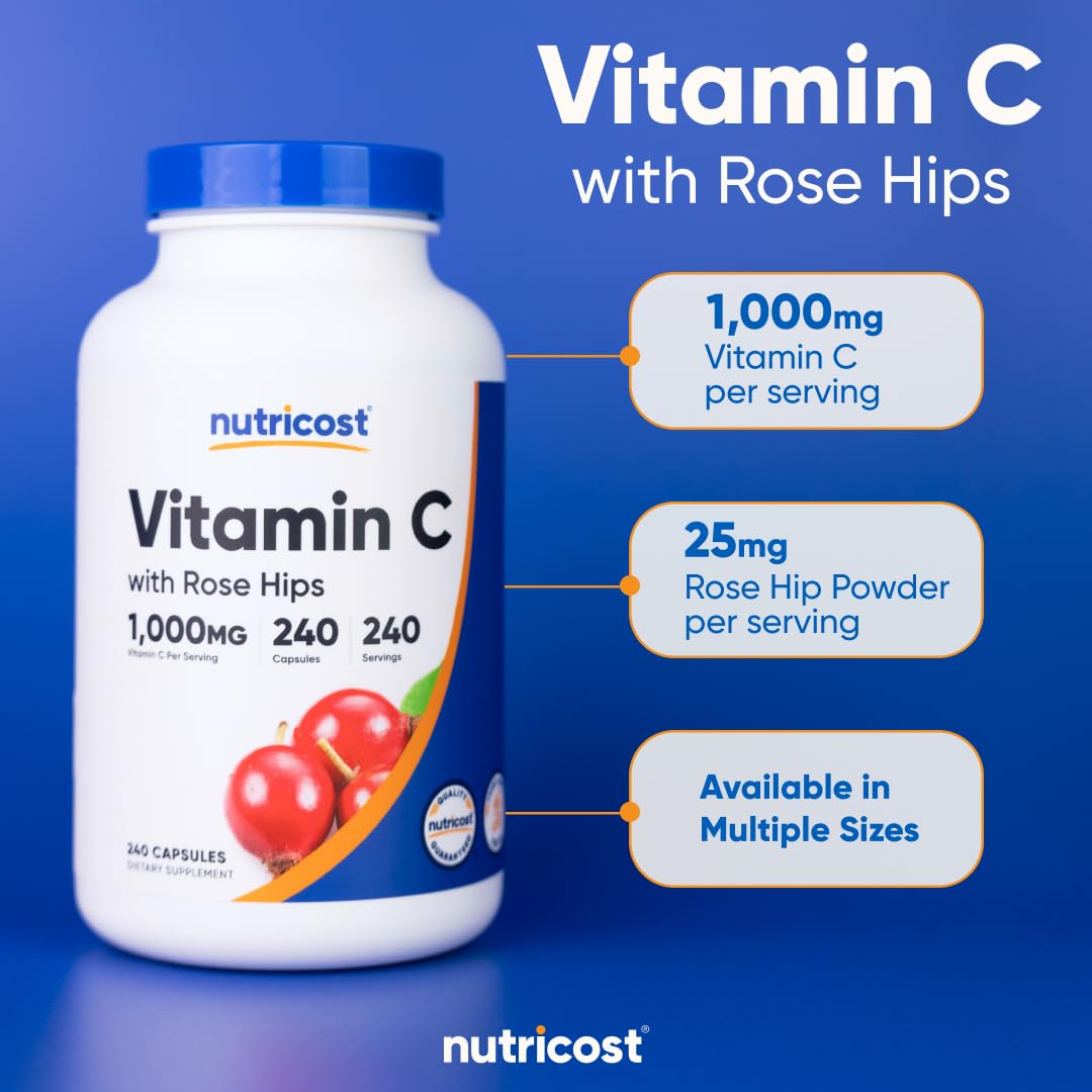 Pre-Order | Arrives in 5–10 Days – Nutricost Vitamin C with Rose HIPS 1025mg, 240 Capsules - Vitamin C 1,000mg, Rose HIPS 25mg, Premium, Non-GMO, Gluten Free Supplement