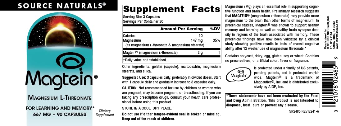 Pre-Order | Arrives in 5–10 Days – Source Naturals Magtein Magnesium L-Threonate 667mg Supports Focus, Mood, Healthy Memory, Cognitive Function, Sleep* - 90 Capsules