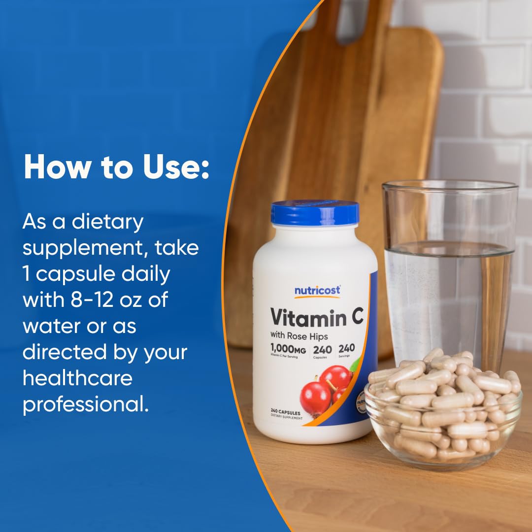 Pre-Order | Arrives in 5–10 Days – Nutricost Vitamin C with Rose HIPS 1025mg, 240 Capsules - Vitamin C 1,000mg, Rose HIPS 25mg, Premium, Non-GMO, Gluten Free Supplement