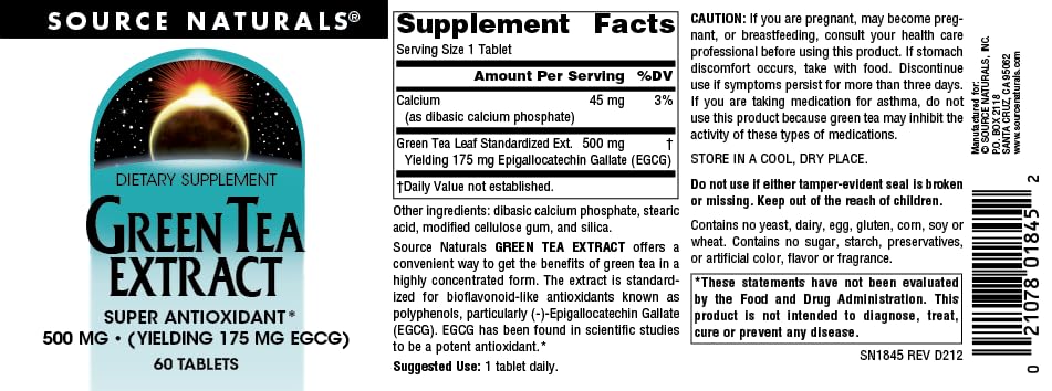Pre-Order | Arrives in 5–10 Days – Source Naturals Green Tea Extract 500 mg Super Antioxidant* - 60 Tablets