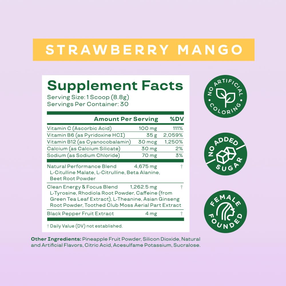 Bloom Nutrition High Energy Pre Workout with Beta Alanine, Ginseng and L Tyrosine for Amino Energy, Natural Caffeine Powder from Green Tea Extract, Keto, Sugar Free Drink Mix, Strawberry Mango