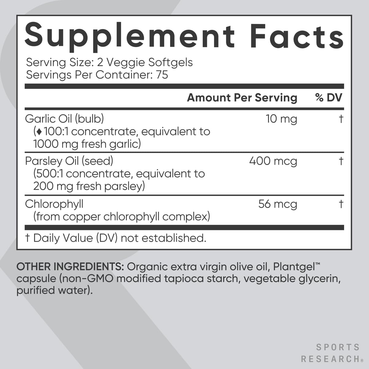 Sports Research Odorless Garlic Oil Pills (1000mg) with Parsley & Chlorophyll | Non-GMO Verified, Vegan Certified & Gluten Free (150 Plant Gels)