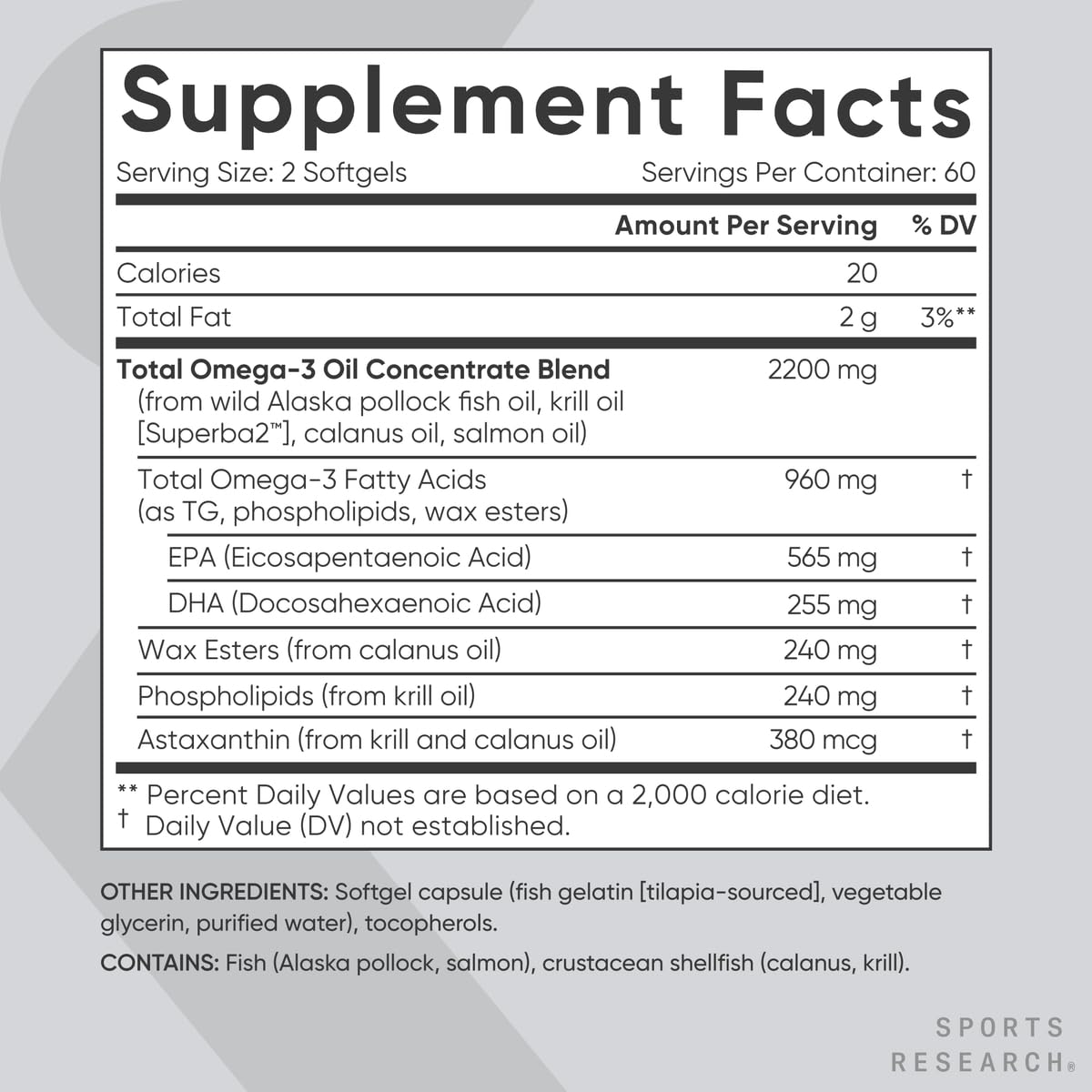 Sports Research Total Omega-3 Fish Oil from Wild Sockeye Salmon, Alaska Pollock, Antarctic Krill, Astaxanthin + Phospholipids & Wax Esters for Absorption | 960mg of EPA & DHA - Fresh Lemon Scent (120