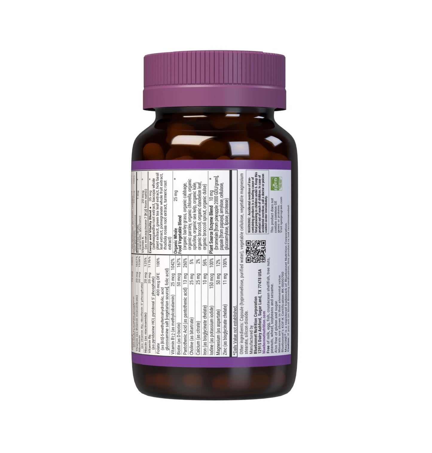 Bluebonnet Nutrition Maxi One (with Iron), Whole Food Multiple, Enzymes, Energy, Vitality, Gluten-Free, Kosher, Dairy-Free, Vegetarian Friendly, Soy-Free, Non-GMO, 90 Vegetable Capsule, 3 Month Supply, Beige