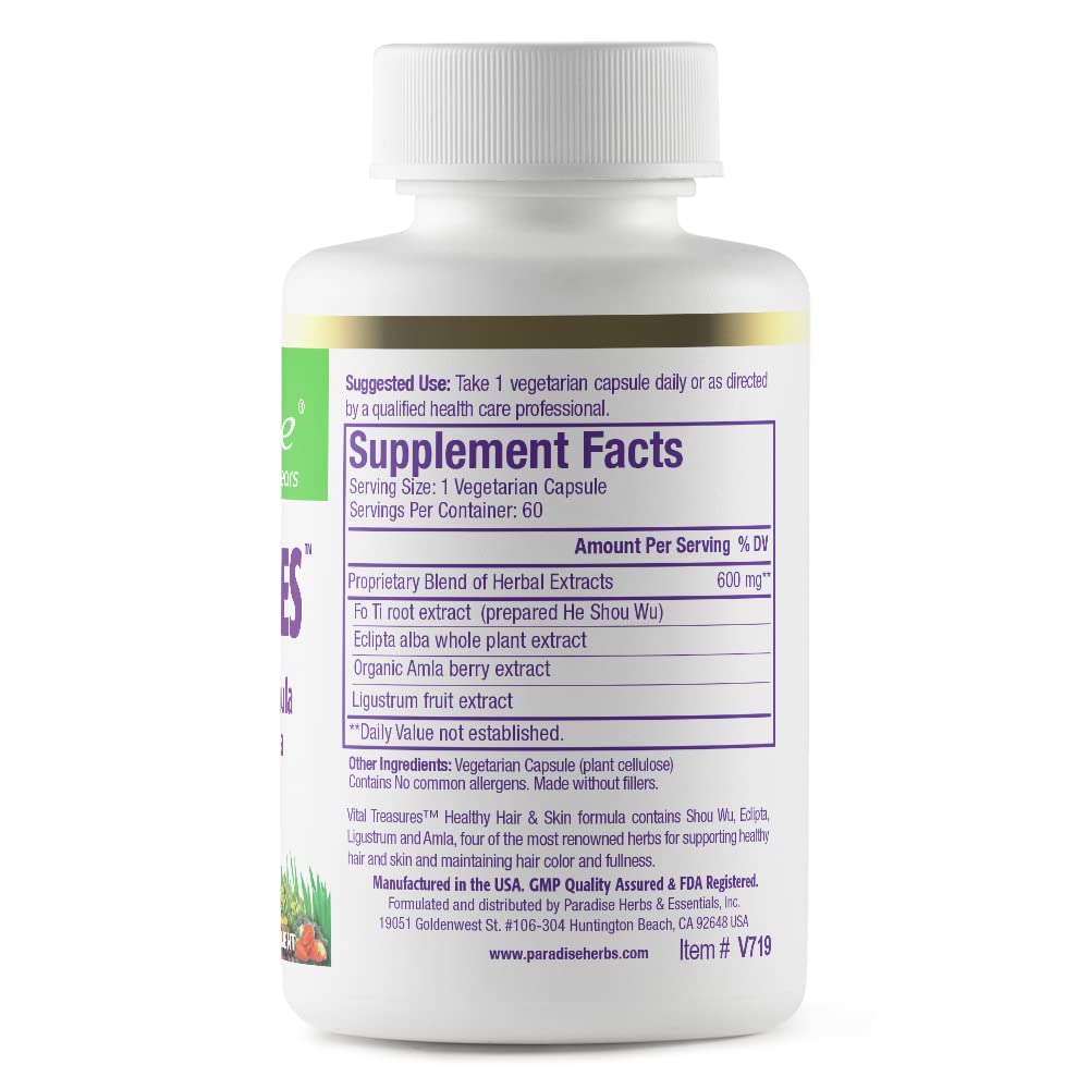 Paradise Herbs Vital Treasures Supplement, Hair Skin & Nails Support, Super Potent, Ultra Pure, Vegan, Non GMO, Gluten Free, 60 Vegetarian Capsules