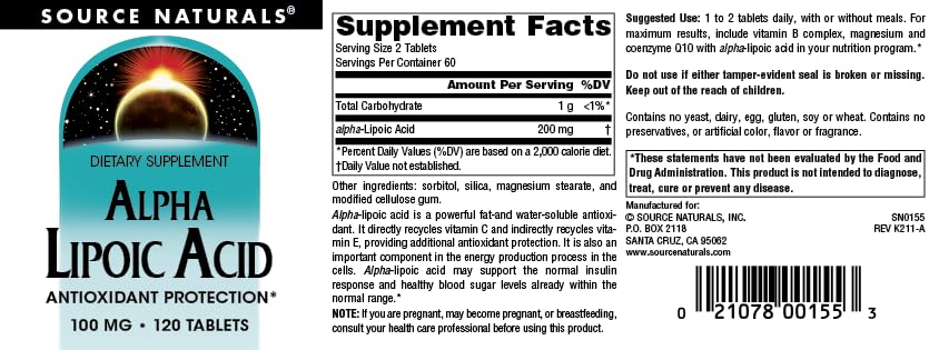 Source Naturals Alpha Lipoic Acid Supports Healthy Sugar Metabolism, Liver Function & Energy Generation* - 100 mg - 120 Tablets