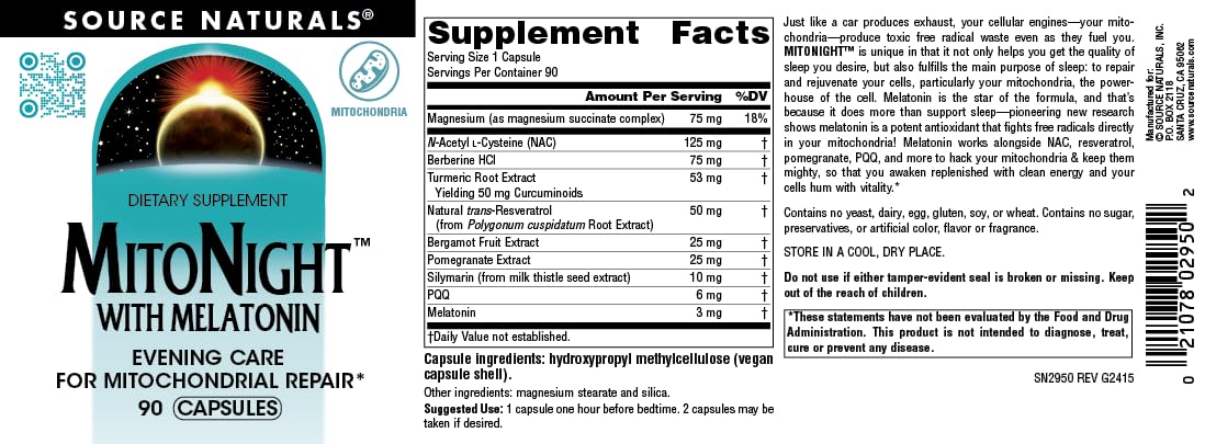 Pre-Order | Arrives in 5–10 Days – Source Naturals MitoNight™ with Melatonin, Evening Care for Mitochondrial Repair* - 90 Capsules