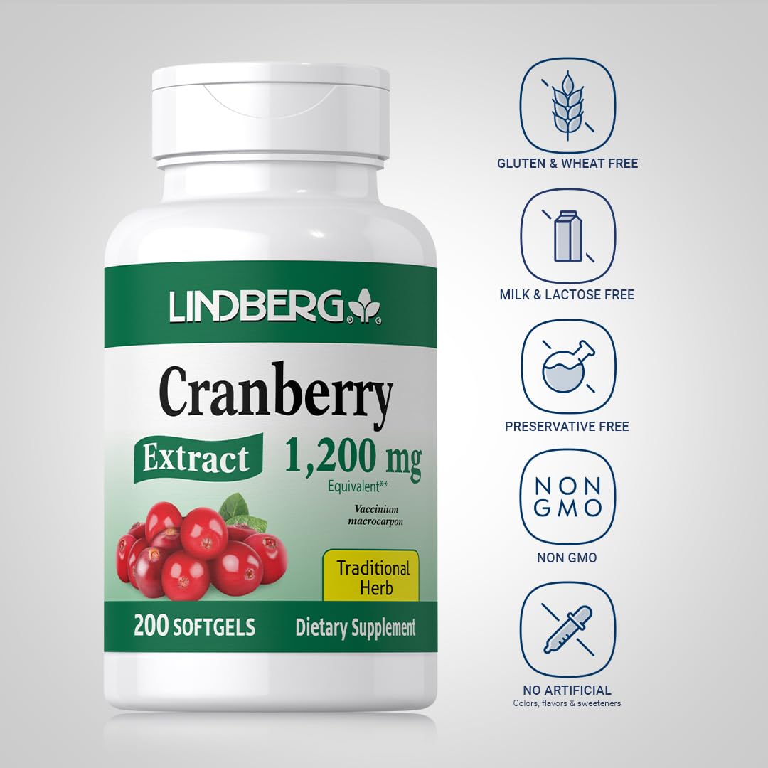Lindberg Cranberry Extract Pills for Women and Men | 1200mg | 200 Softgels | Traditional Herb | Extract Supplement | Non-GMO, Gluten Free