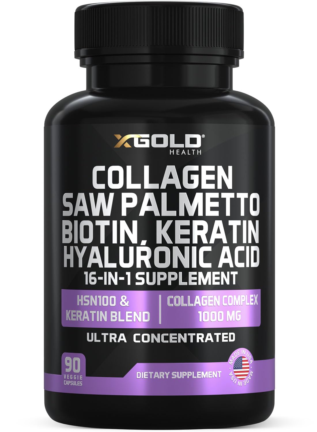 HSN100 - Collagen, Saw Palmetto, Biotin, Keratin & Hyaluronic Acid - 16-in-1 Beauty Supplement with Vitamin C & E, Collagen Complex & Keratin Blend - Hair, Skin & Nail Growth - 90 Capsules