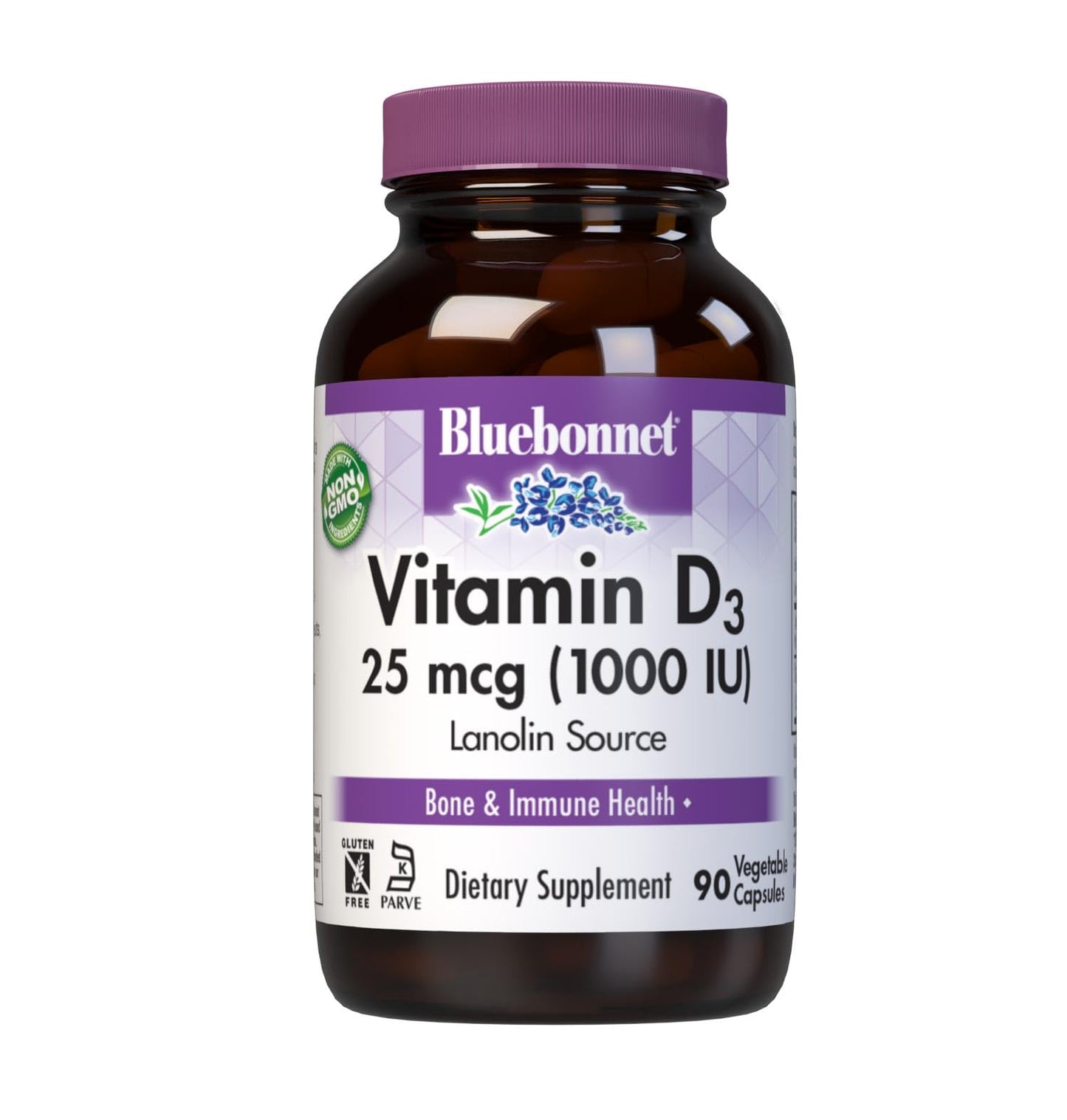 BlueBonnet Nutrition Vitamin D3 1000 IU, Aid in Muscle and Skeletal Growth, Cholecalciferol from Lanolin, Non GMO, Gluten Free, Soy Free, Milk Free, Kosher, 90 Vegetable Capsule, White