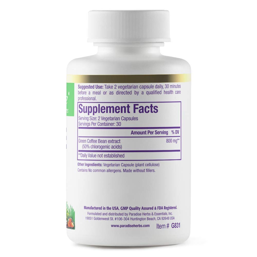 Paradise Herbs Green Coffee Bean, Active Whole Spectrum Extract, Super Potent, Ultra Pure, Vegan, Gluten Free, Non-GMO, 60 Count Vegetarian Capsules