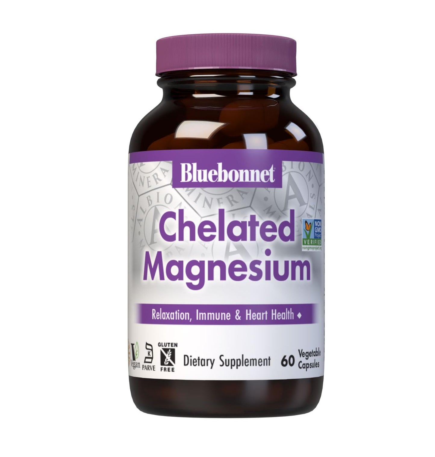 Bluebonnet Nutrition Albion Chelated Magnesium Vegetable Capsule, 200 mg, Stress Relief, Vegan, Non GMO, Gluten Free, Soy Free, Milk Free, Kosher, 60 Vegetable Capsule, 1 Month Supply