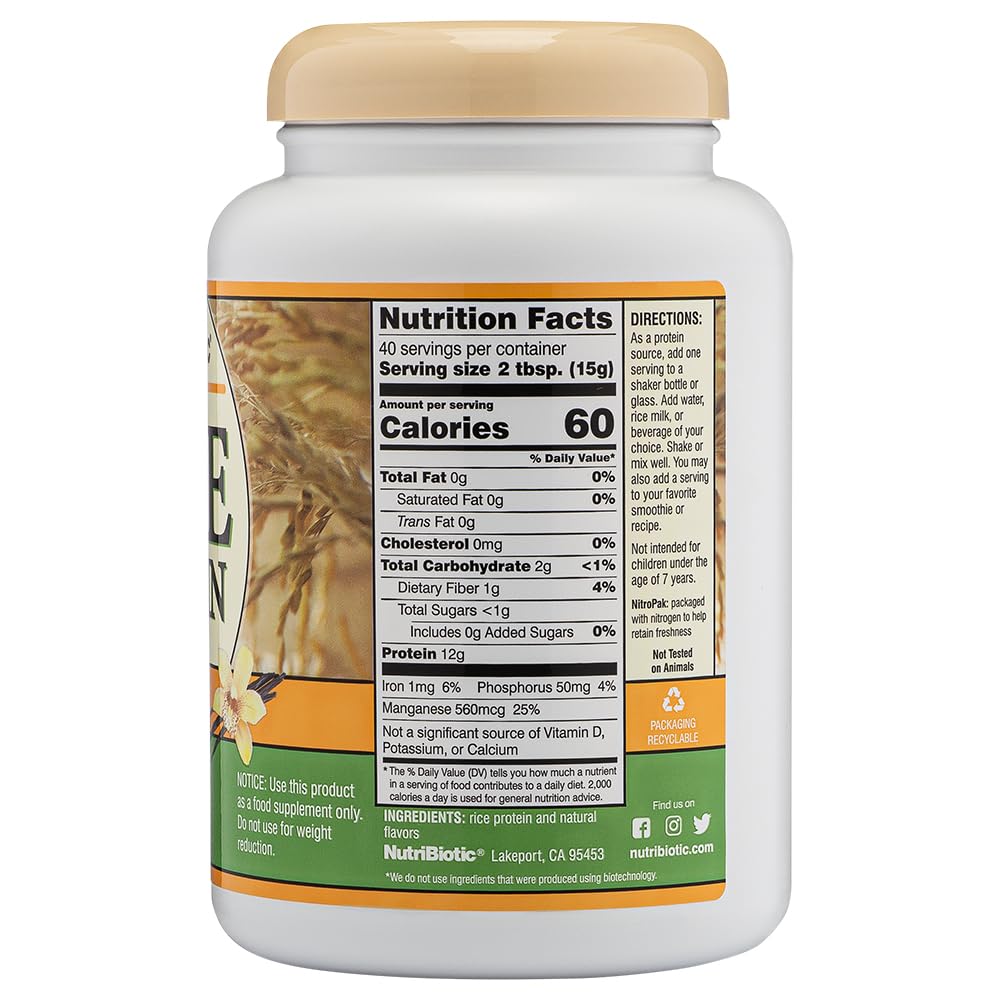 NutriBiotic – Vanilla Rice Protein, 1 Lb 5 Oz (600g) | Low Carb, Keto-Friendly, Vegan, Raw Protein Powder | Grown & Processed Without Chemicals, GMOs or Gluten | Easy to Digest & Nutrient-Rich