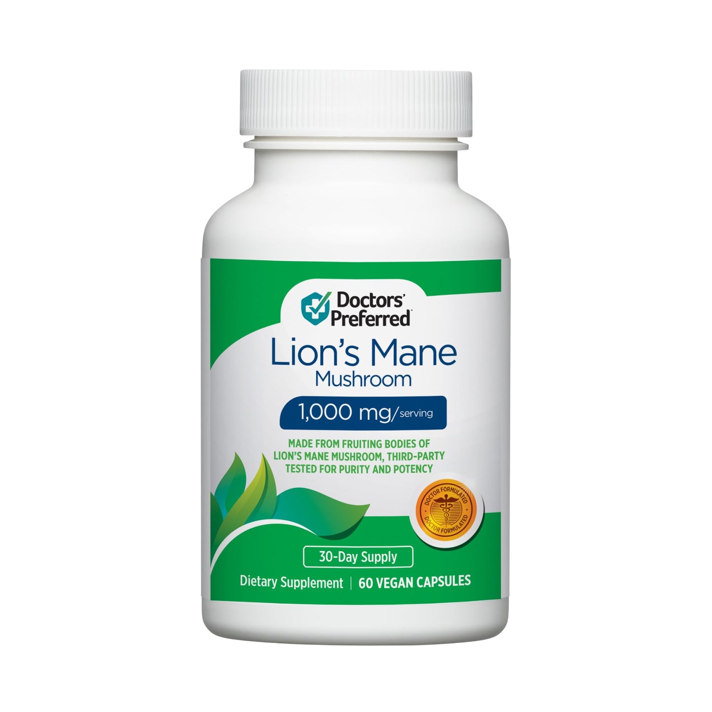 DOCTORS' PREFERRED Lions Mane Mushroom Supplement - 1,000 mg/Serving, 60 Vegan Capsules for Brain Health and Overall Daily Wellness. (30-Day Supply)