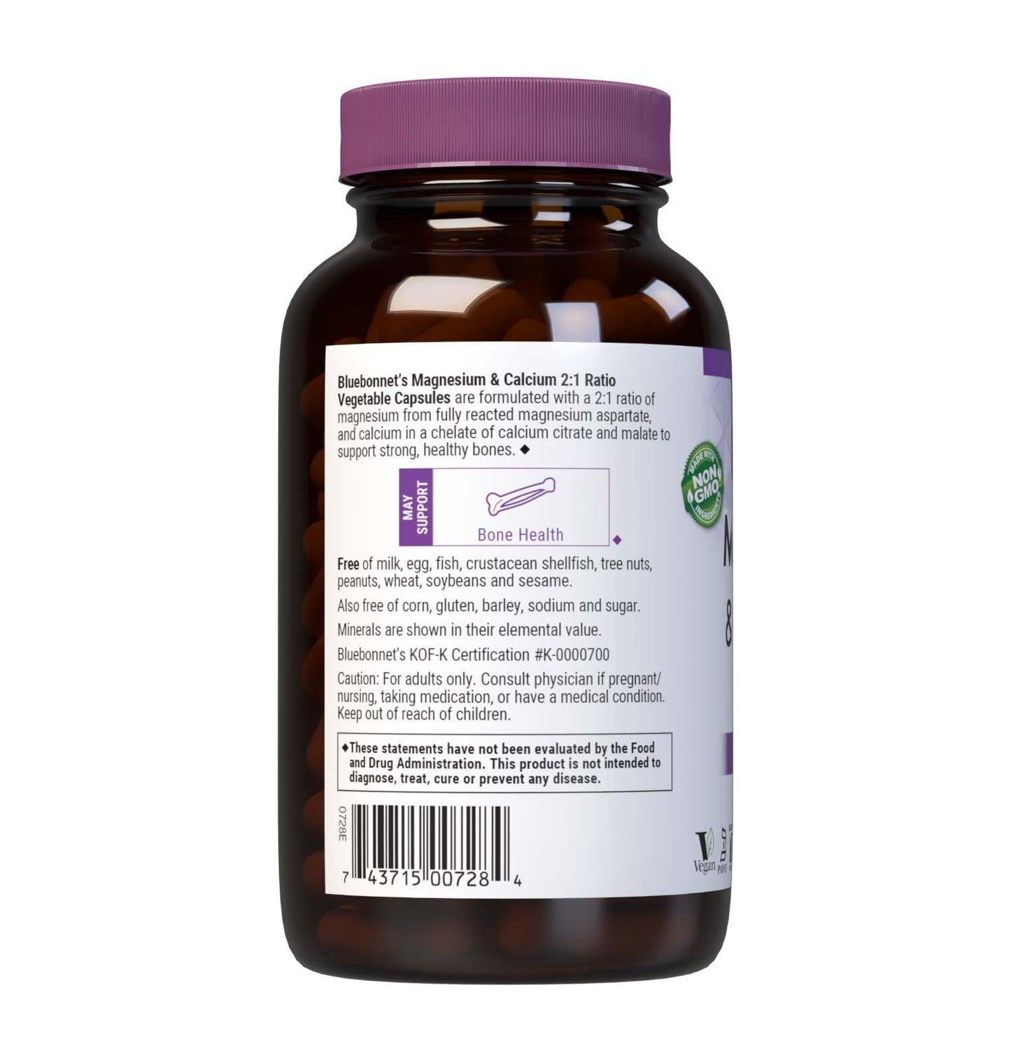 Bluebonnet Nutrition Magnesium & Calcium 2:1 Ratio, Bone Health*, Non-GMO, Vegan, Kosher Certified, Gluten-Free, Soy-Free, Dairy-Free, 180 Vegetable Capsules, 60 Servings