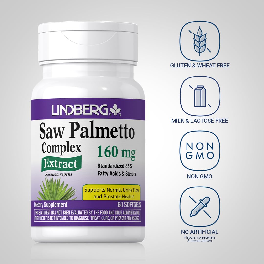 Lindberg Saw Palmetto for Men and Women | 160mg | 60 Softgels | Complex Extract Supplement | with Zinc, Pumpkin Seed, Pygeum | Non-GMO, Gluten Free