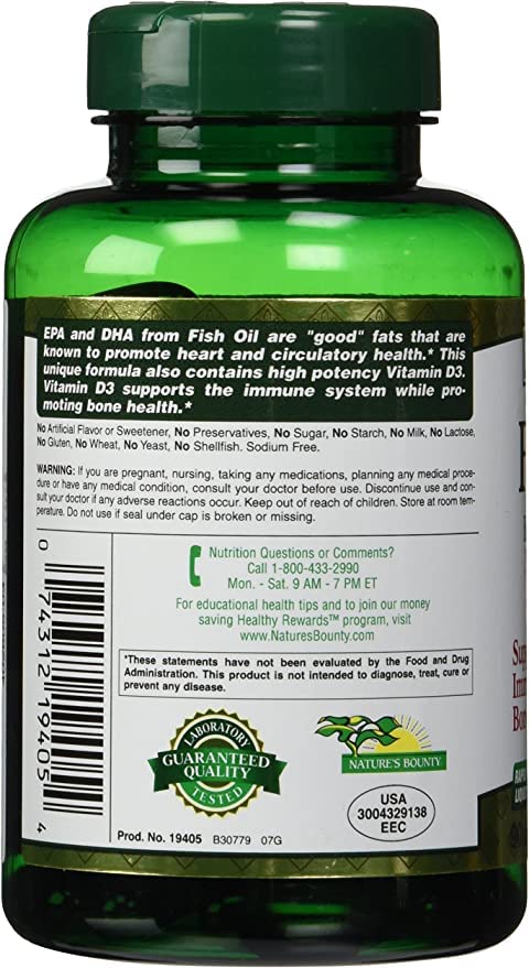 Nature's Bounty Omega 3 Fish Oil 1200mg plus Vitamin D3 1000IU Pills, Supplement, Helps in the Development and Maintenance of Bones, 90 Softgels