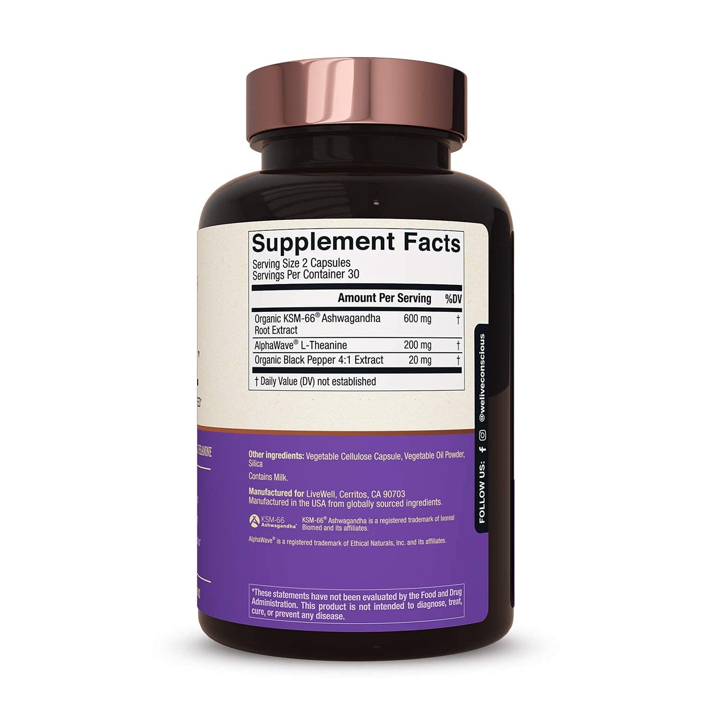 Live Conscious KSM-66 Ashwagandha Supplement w/L Theanine & AlphaWave - ZenWell Everyday Stress Relief, Cognitive, Brain Health - Ashwagandha for Men & Women - 60 Capsules