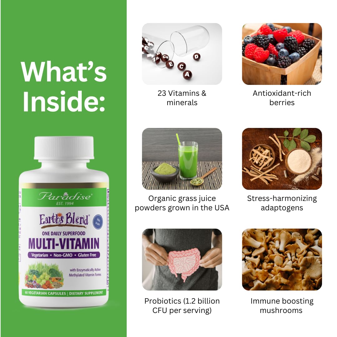 Paradise Herbs Earth's Blend Women's Once Daily Multivitamin with Iron, 48 Organic Superfoods, Probiotics, Antioxidants, Vitamins A, B12, C, D, K2, 120 Capsules