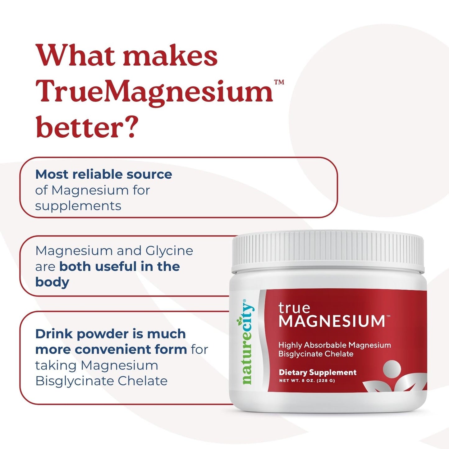 NatureCity TrueMagnesium Highly Absorbable Chelated Magnesium Bisglycinate Powder Drink Mix (60 Servings) - Magnesium Supplement for Sleep and to Support Bone Health & Muscles