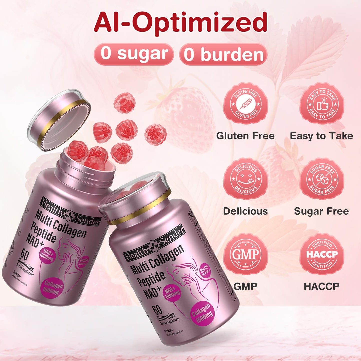 HealthSender Hydrolyzed Collagen Peptide Filled Gummies, 1500mg Protein Type I,II,III,V,X,1000mg NAD 15000mcg Biotin Supplement for Sugar-Free Man&Woman,AI-Fomular HCL for Skin,Hair,Nails