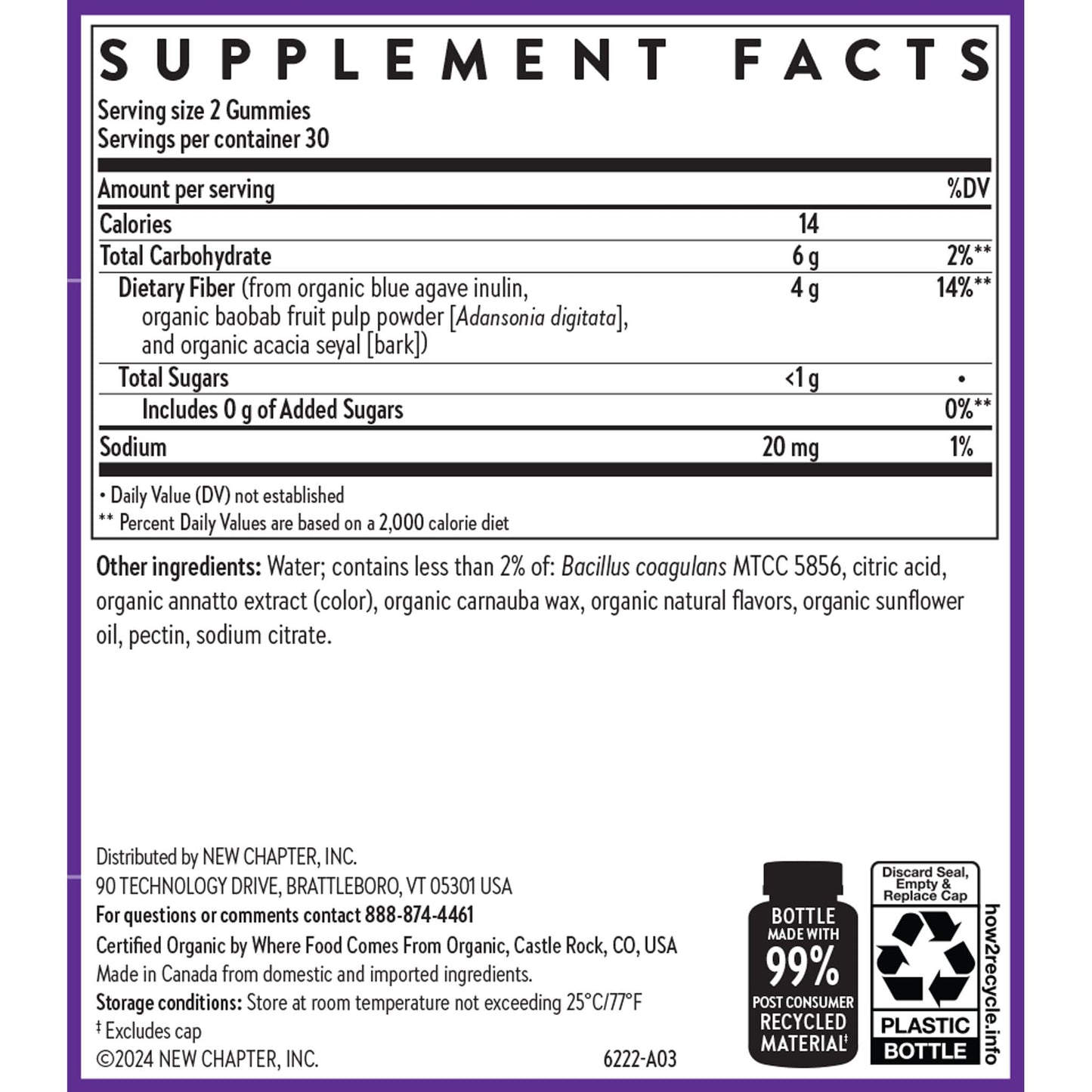 New Chapter Organic Fiber Gummies for Adults & Kids (Age 4+), Plant-Based Prebiotic Fiber for Digestive Health, Vegan, Non-GMO, USDA Organic, Gluten Free, Citrus-Berry Flavored, 60 ct