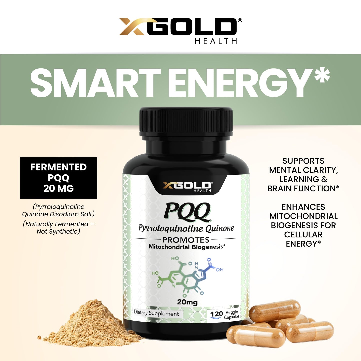 PQQ Supplement Veggie Capsules (Pyrroloquinoline Quinone), 99,7%+ Highly Purified - Promotes Mitochondrial Biogenesis, Energy Optimizer, Heart Health, Cognitive Function & Sleep Support (120 CT)