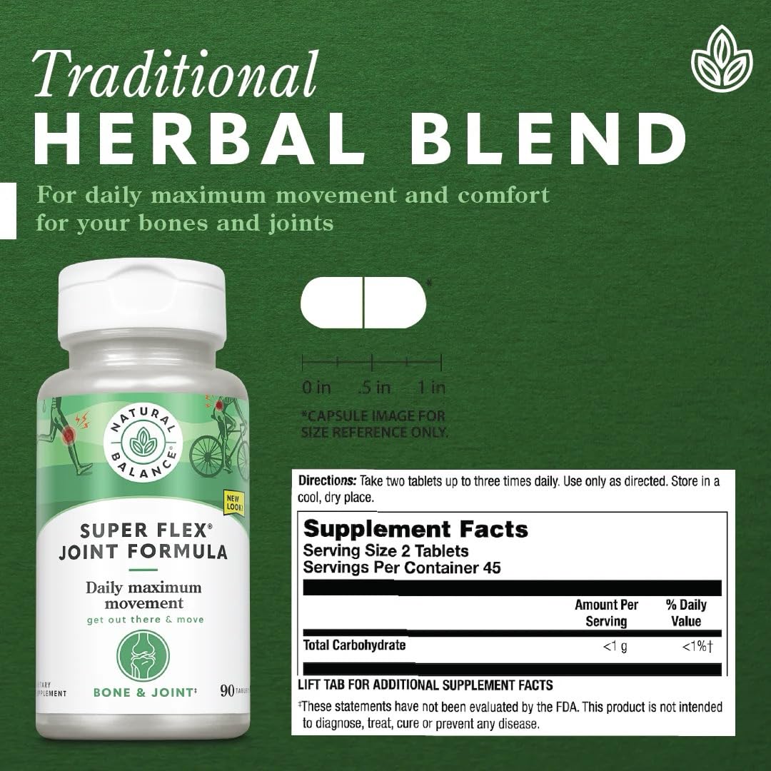 Natural Balance Super Flex Back | Herbal Supplement Supports Lower Back Muscle Comfort | Features Turmeric, Ginger, Glucosamine, MSM & Kava | 60 Ct