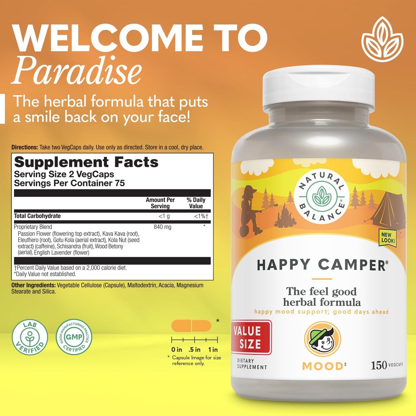 Natural Balance Happy Camper - Feel-Good Mood Support Supplement - Gotu Kola, Passion Flower, and Kava Kava Capsules - 60-Day Guarantee - 75 Servings, 150 VegCaps